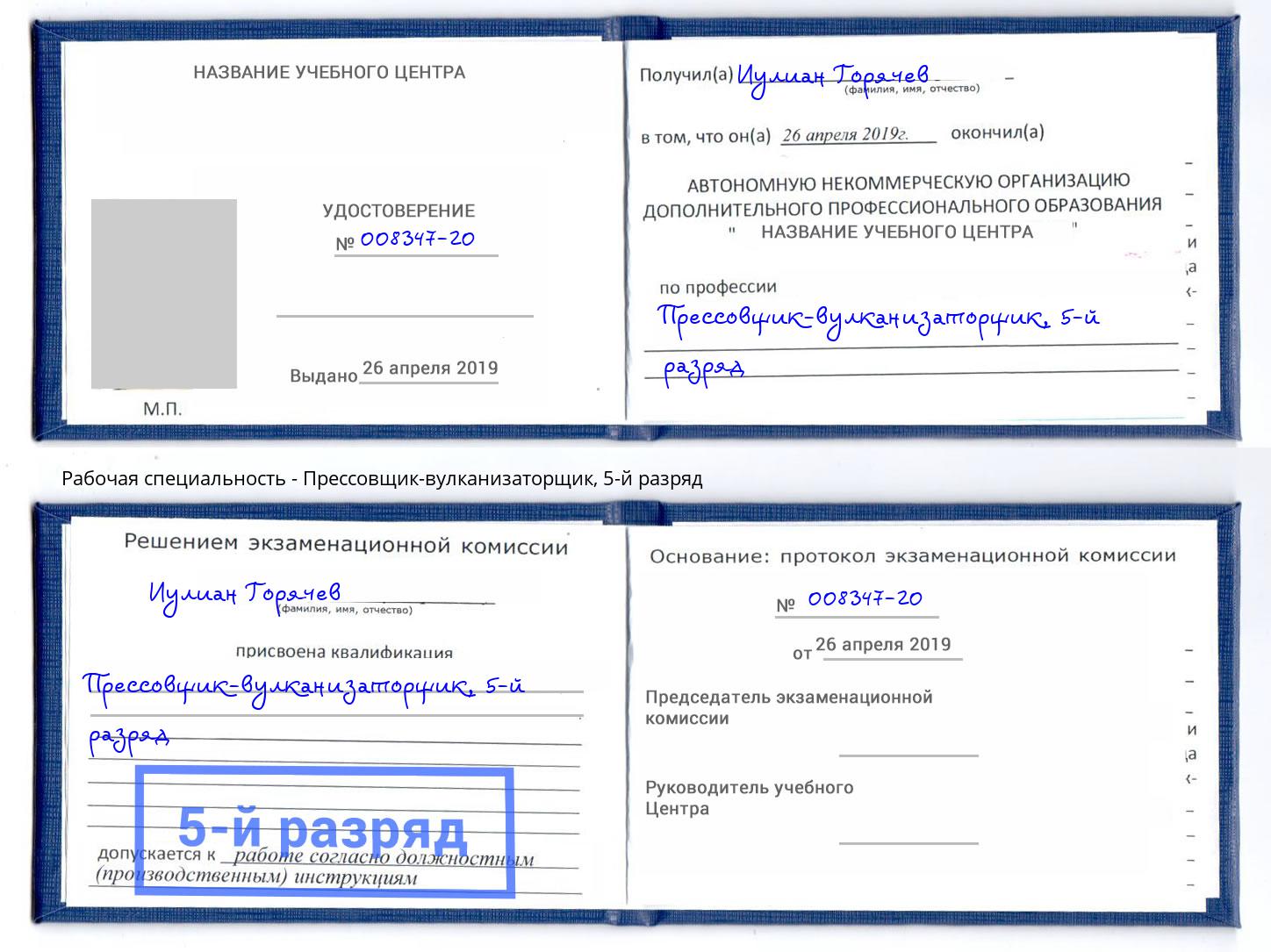 корочка 5-й разряд Прессовщик-вулканизаторщик Советск