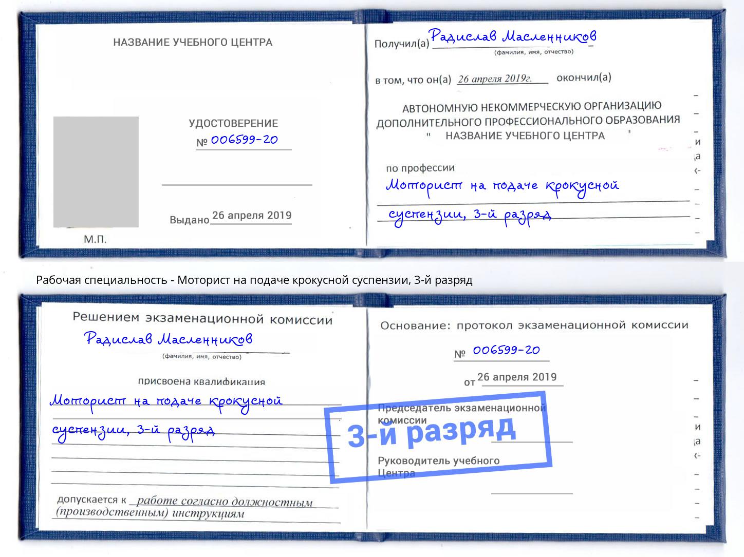 корочка 3-й разряд Моторист на подаче крокусной суспензии Советск