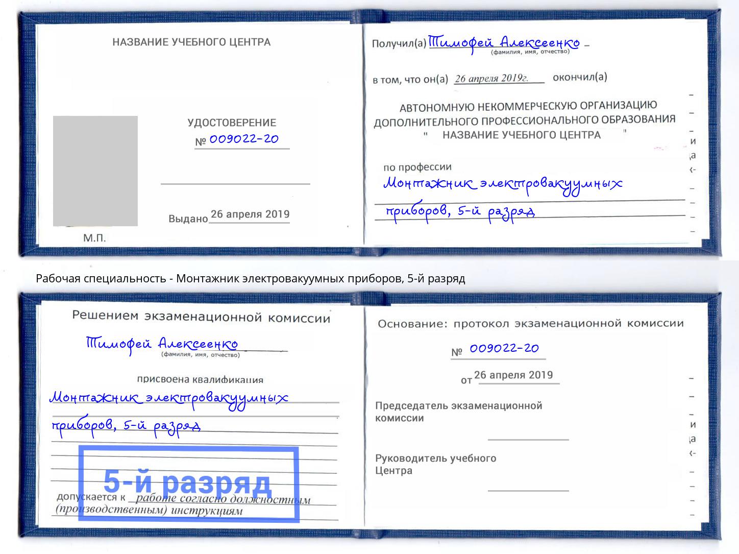 корочка 5-й разряд Монтажник электровакуумных приборов Советск