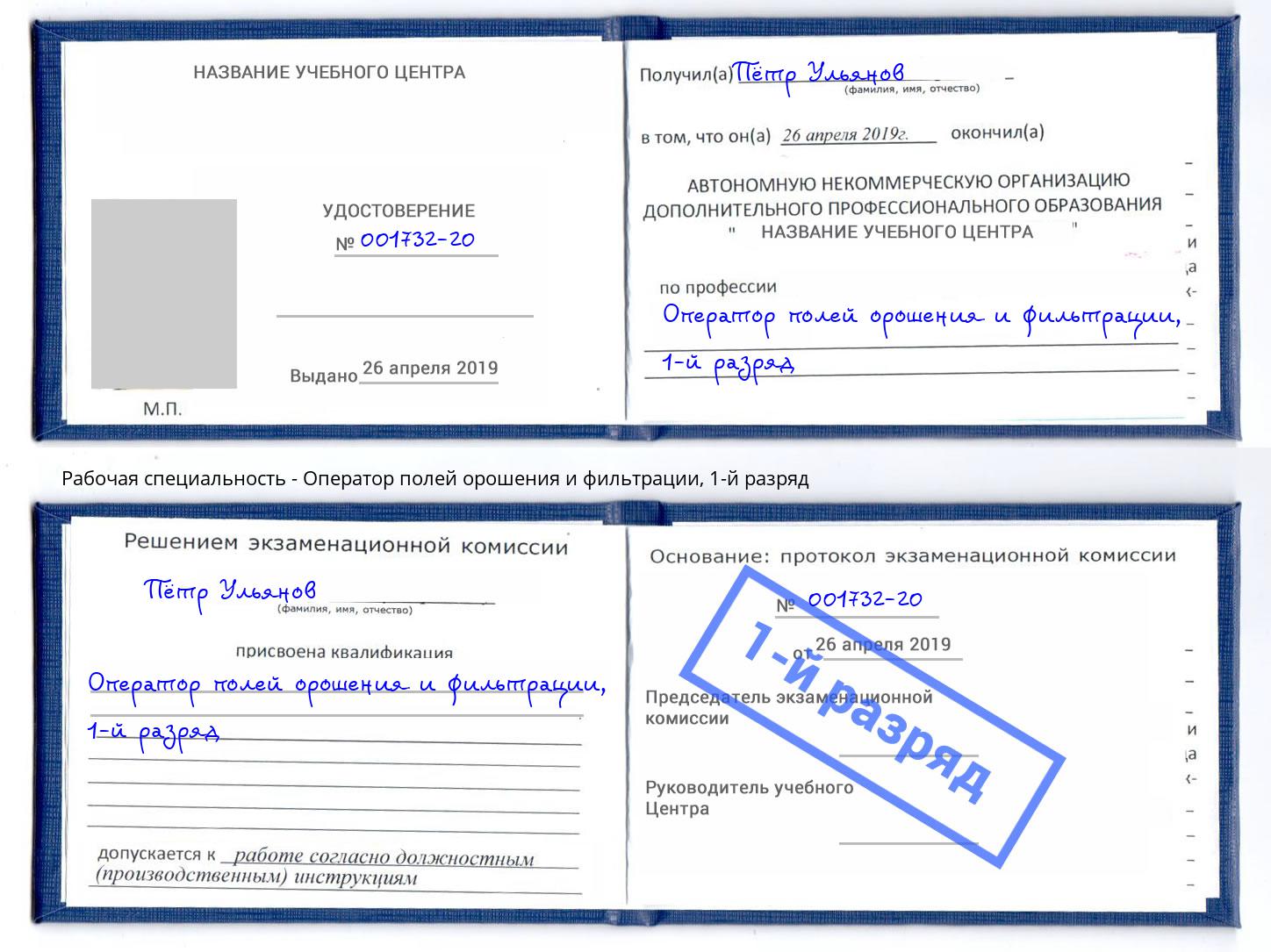 корочка 1-й разряд Оператор полей орошения и фильтрации Советск