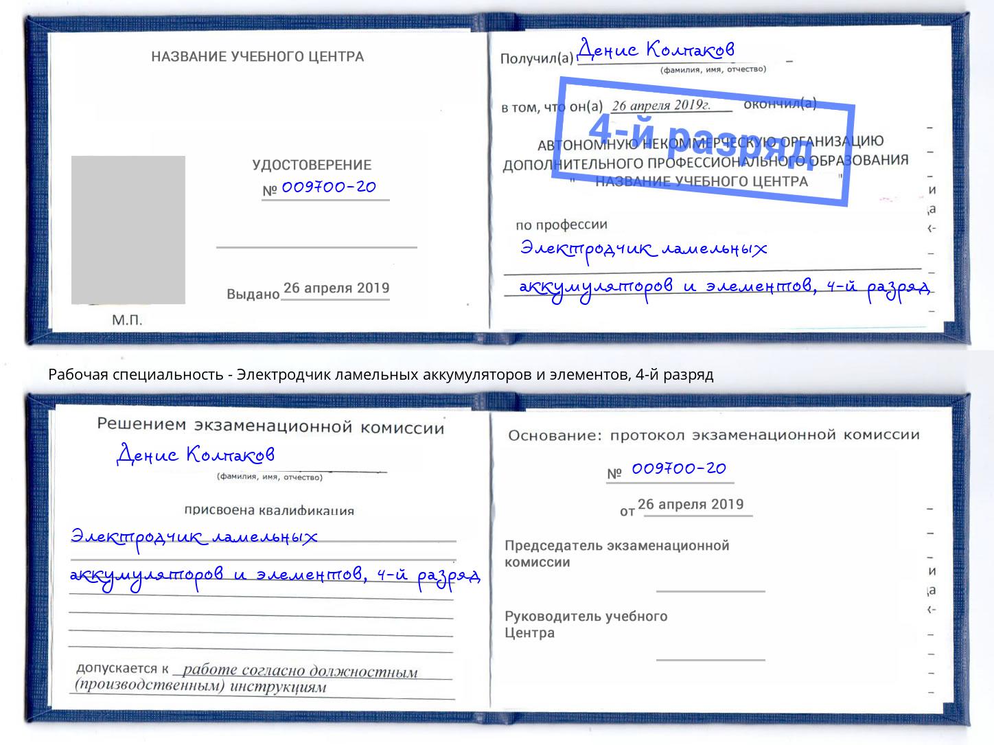 корочка 4-й разряд Электродчик ламельных аккумуляторов и элементов Советск