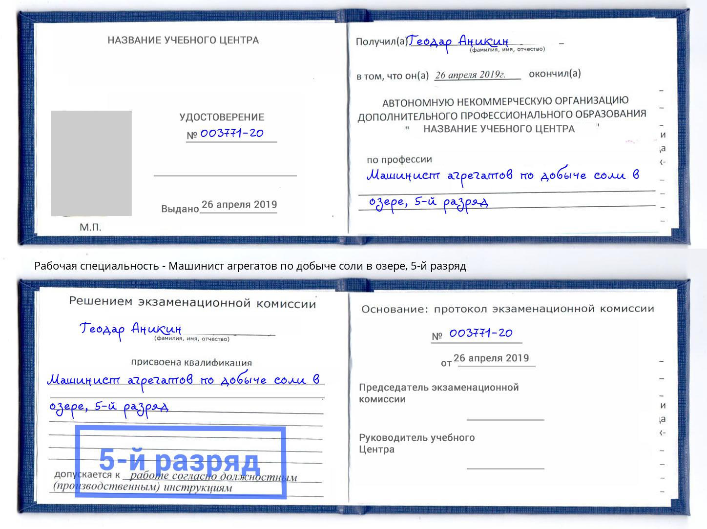 корочка 5-й разряд Машинист агрегатов по добыче соли в озере Советск