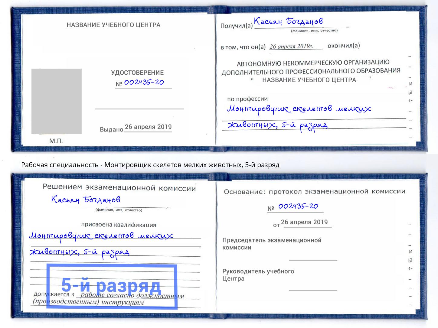 корочка 5-й разряд Монтировщик скелетов мелких животных Советск