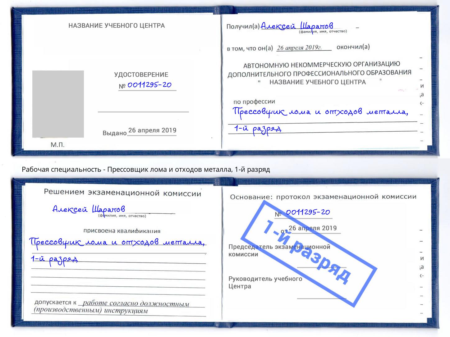 корочка 1-й разряд Прессовщик лома и отходов металла Советск