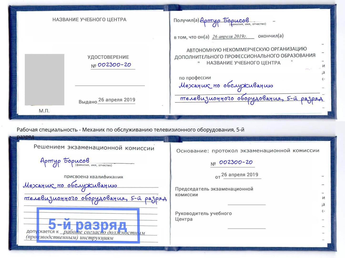 корочка 5-й разряд Механик по обслуживанию телевизионного оборудования Советск