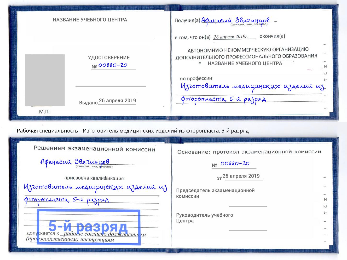 корочка 5-й разряд Изготовитель медицинских изделий из фторопласта Советск