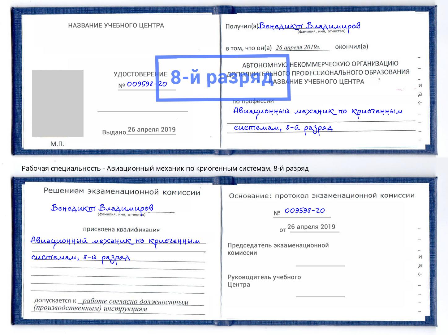 корочка 8-й разряд Авиационный механик по криогенным системам Советск